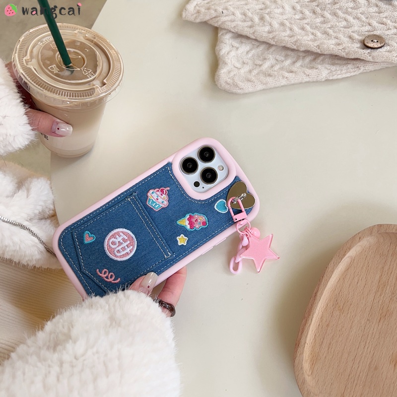 Ốp Điện Thoại Denim Thêu Hình Cô Gái Và Que Kem Cho iPhone 14 Plus 14 13 12 11 Pro Max