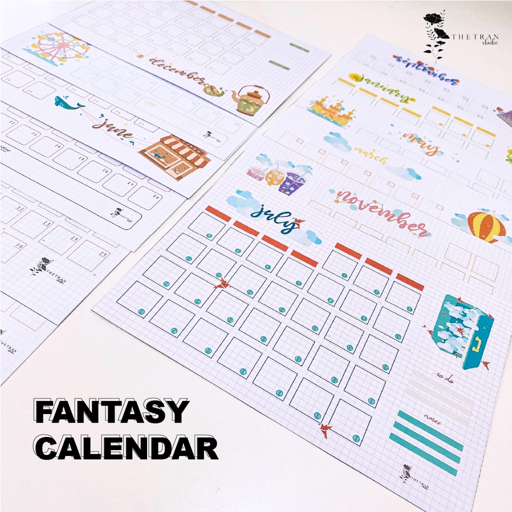 Bộ 12 tờ lịch kế hoạch hàng ngày 12 tháng dùng cho tất cả các năm A5, A6 / fantasy calendar / thetranstudio