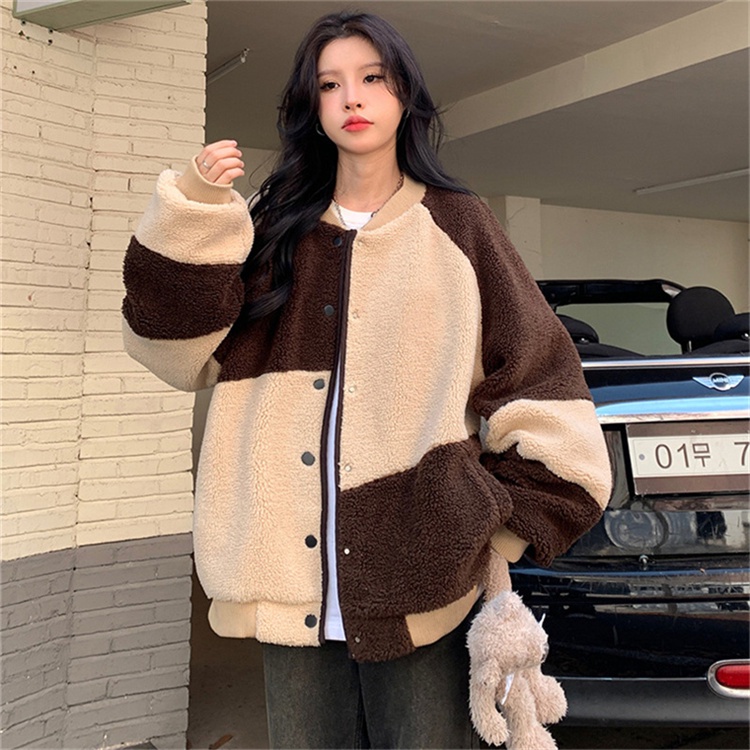 Áo Khoác Lông Cừu Dáng Rộng Phối Màu Sắc Tương Phản Thời Trang Thu Đông Hàn Quốc