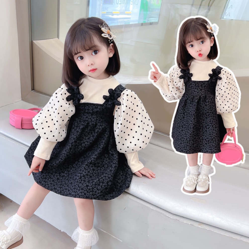 Set Áo Tay Phồng Chấm Bi Phối Váy Yếm Thời Trang Mùa Thu Dễ Thương Cho Bé Gái