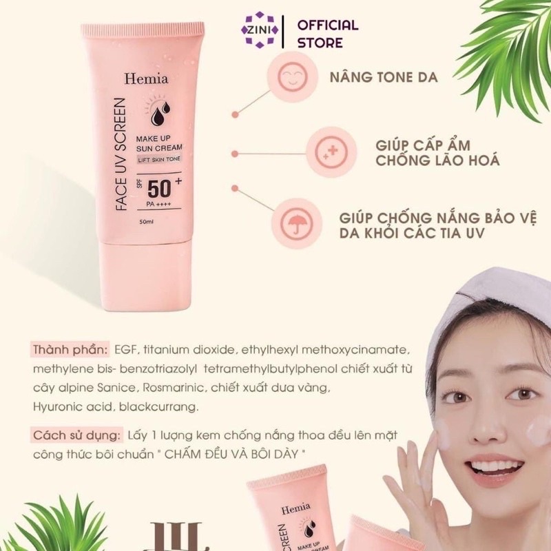 [Chính Hãng]Kem chống nắng HEMIA 50ml dưỡng trắng nâng tone SPF50+ tự nhiên Hàn Quốc