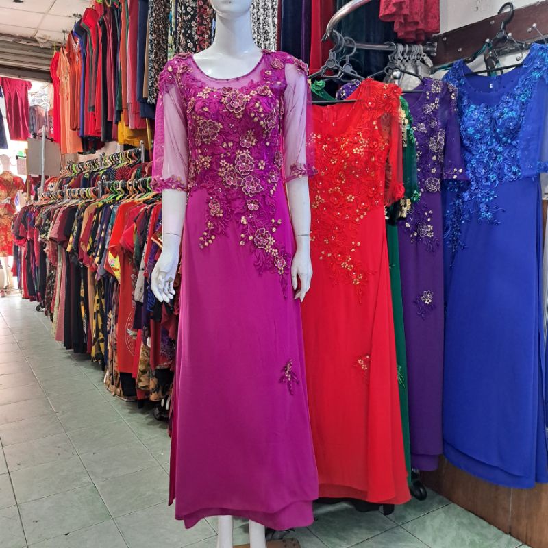 Dạ hội áo dài mặc sui cao cấp, Đầm dạ hội trung niên dự tiệc thiết kế kết hoa đính đá sang trọng