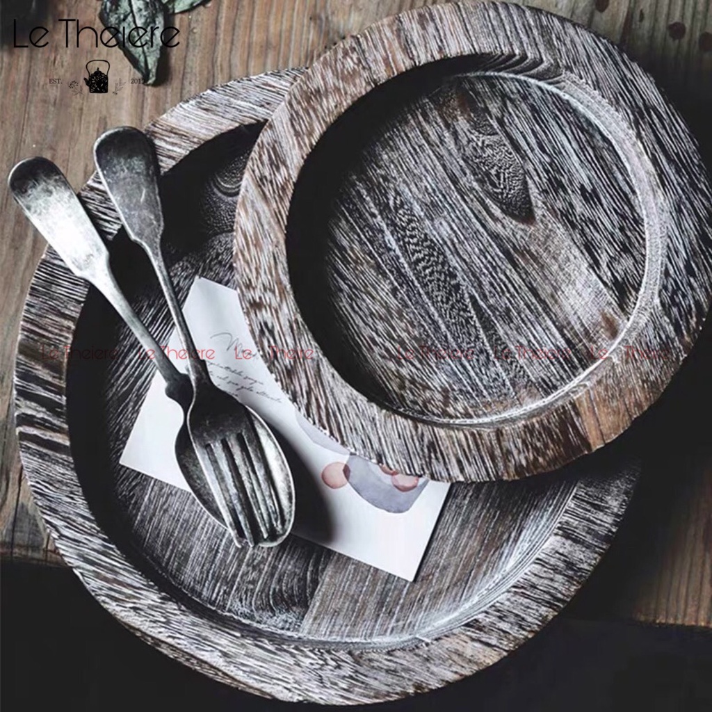Khay Gỗ Tròn Siêu Nhẹ Decor Retro Đựng Đồ Ăn Cốc Chén Ly Quán Cà Phê BL28