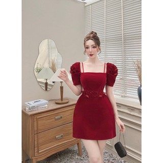 [40-70kg] Đầm Nhung Đỏ Thiết Kế Tay Bồng Đính Hoa Cao Cấp Che Khuyết Điểm Tốt