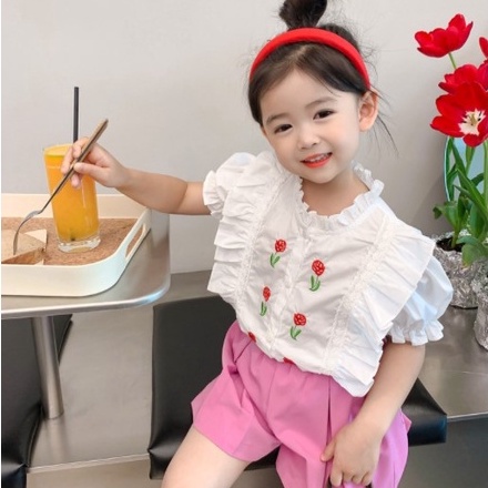 Babyfair. Bộ Áo Sơ Mi Tay Ngắn Phồng + Quần Short Thời Trang Mùa Hè Cho Bé Gái