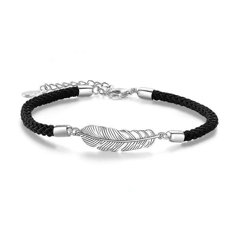 Vòng Tay Dây Bện Phối Mặt Hình Lông Vũ Mạ Bạc 925 Thời Trang Cho Cặp Đôi