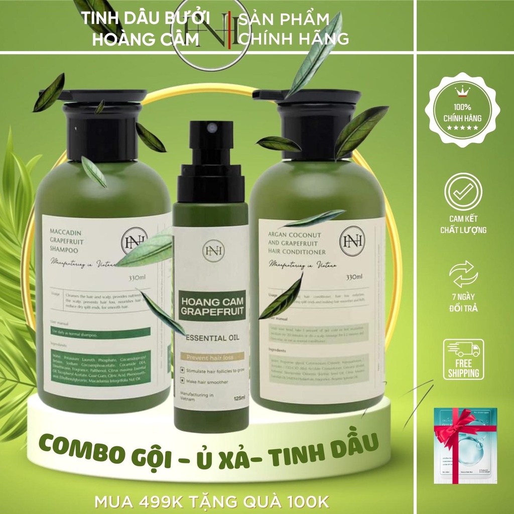 Combo 3 sản phẩm tinh dầu bưởi Hoàng Cầm + gội bưởi maccadin + ủ xả bưởi dừa Argan hỗ trợ tóc mọc nhanh, dài, dày