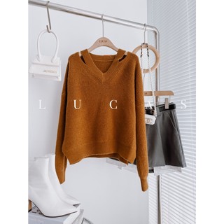 Áo len tăm cổ v xẻ vai tay dài dáng basic