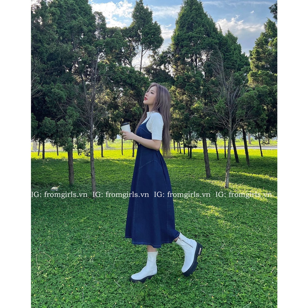 Váy yếm denim dáng dài xòe, yếm bò chun nhún lưng co giãn - V99