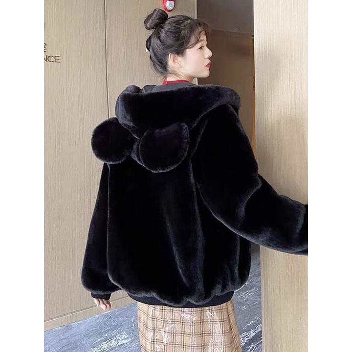 Áo khoác lông nữ 2 lớp ấm áp màu nâu đen mượt mà-áo lông cừu mùa đông form rộng tai gấu dễ thương kiểu hàn quốc ulzzang