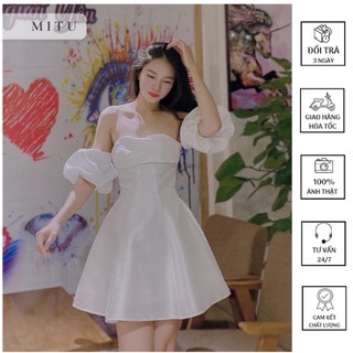 White Bloomng Dress- váy thiết kế cúp ngực trễ vai trắng