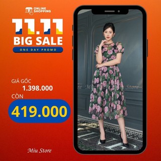 D00485T - Đầm thiết kế cao cấp voan tơ hoạ tiết hoa hồng sang trọng Miu Store