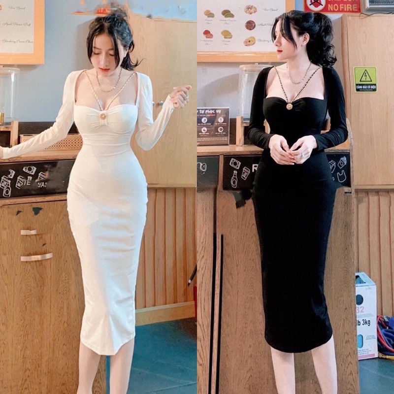 Váy Body Tay Dài Cổ Xích Sexy dáng dài 2 màu đen trắng ôm eo tôn body cực xinh sang chảnh