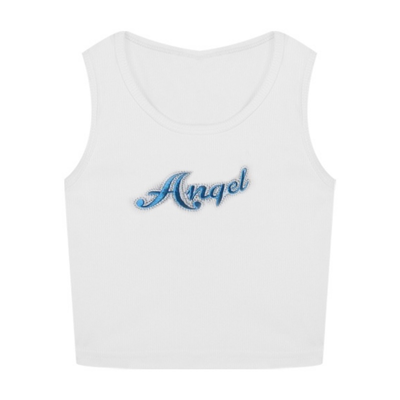 Áo Croptop Dệt Kim Không Tay Màu Trơn Thêu Chữ Phong Cách Hàn Quốc Cho Nữ