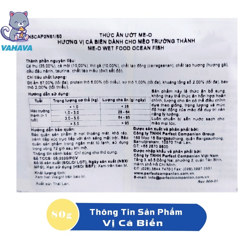 Pate Me-O Cho Mèo Trưởng Thành Gói 80g - Thức Ăn Dinh Dưỡng Dạng Ướt Cho Mèo Nhiều Vị - VAHAVA