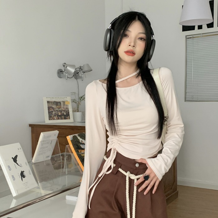 Áo kiểu SUXI tay dài ôm dáng vừa vặn phối dây rút thời trang xuân hè dành cho nữ