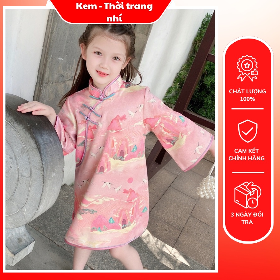 Áo dài cách tân bé gái,đầm sườn xám họa tiết cho bé gái,phong cách hiện đại,đủ màu,đủ size 7/32kg,chất liệu vải cao cấp