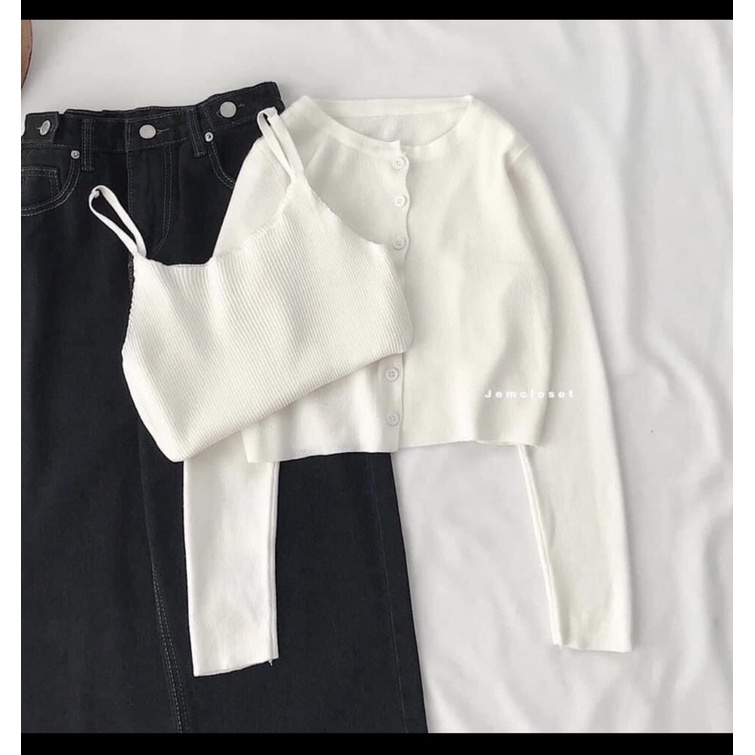 Set baggy jeans ống suông đai nút + set 2 món áo gân tay dài