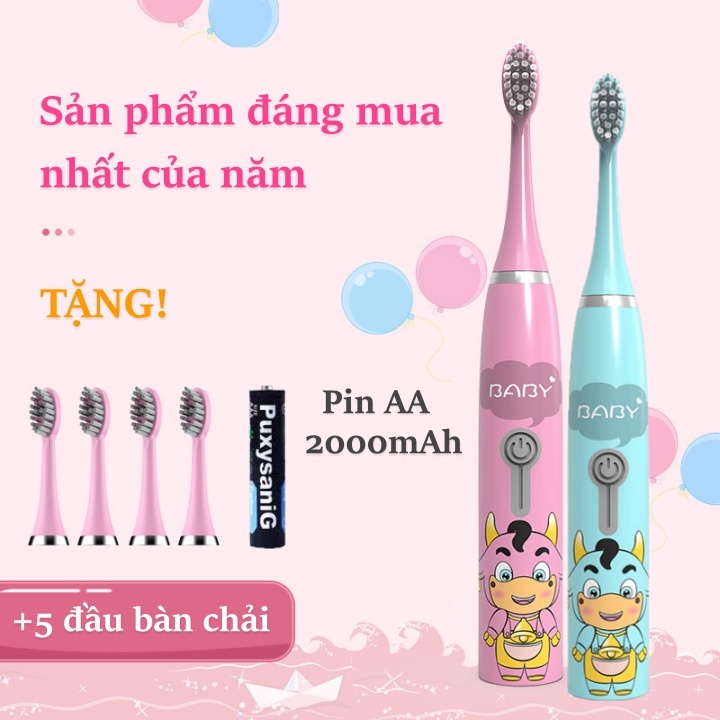Bàn chải điện cho bé thông minh Pin tiểu dùng 365 ngày kèm 5 đầu bàn chải HILTON-W9