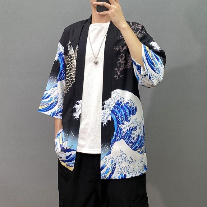 7 U R 2 M W Áo Khoác Kimono Dáng Rộng Họa Tiết Cá Chép Phong Cách Nhật Bản Thời Trang Cho Nam