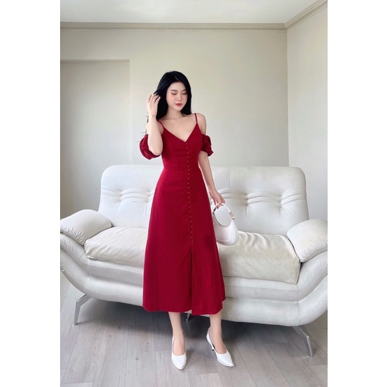 (Sẳn-ảnh thật) Đầm Midi Nút Bọc 0490
