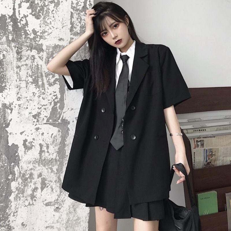 blazer nữ bigsize dày áo khoác hàn quốc Áo Khoác Vest Tay Ngắn Dáng Rộng Hai Hàng Khuy Màu Đen Thời Trang Mùa Hè 2022 Phong Cách Hàn Quốc Cho Nữ