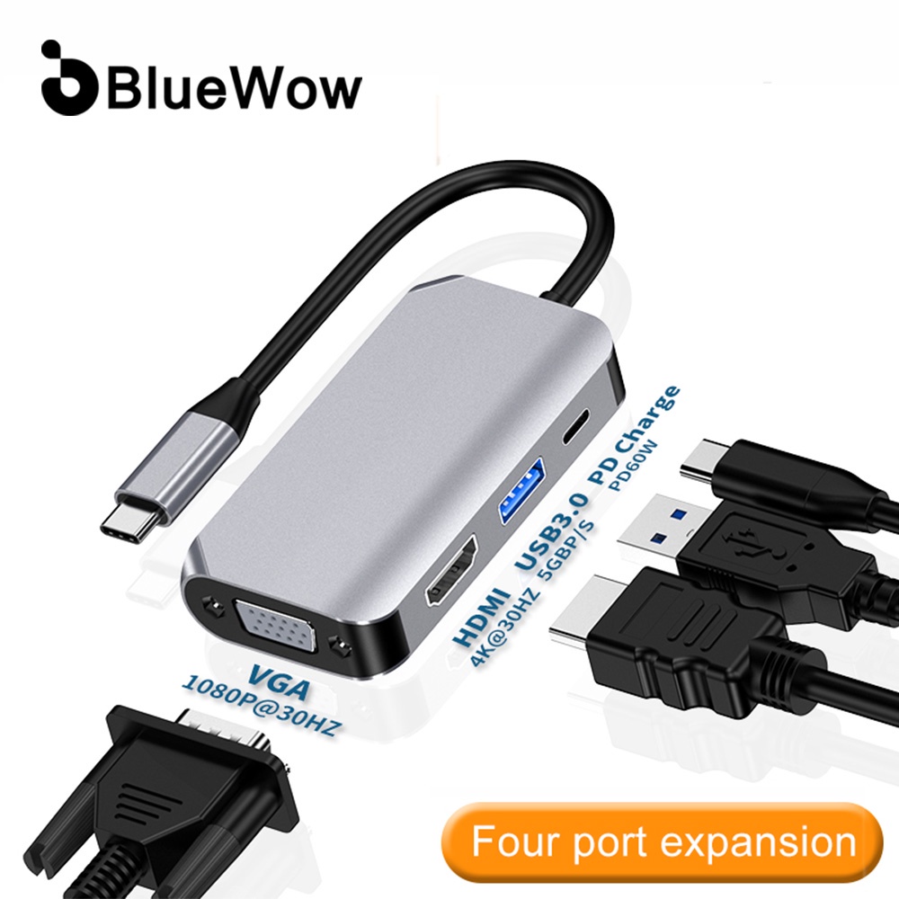 BlueWow Bộ Hub Chuyển Đổi Type-C Sang USB 3.0 / 4K HDMI / 1080P VGA / PD 60W 4 Cổng
