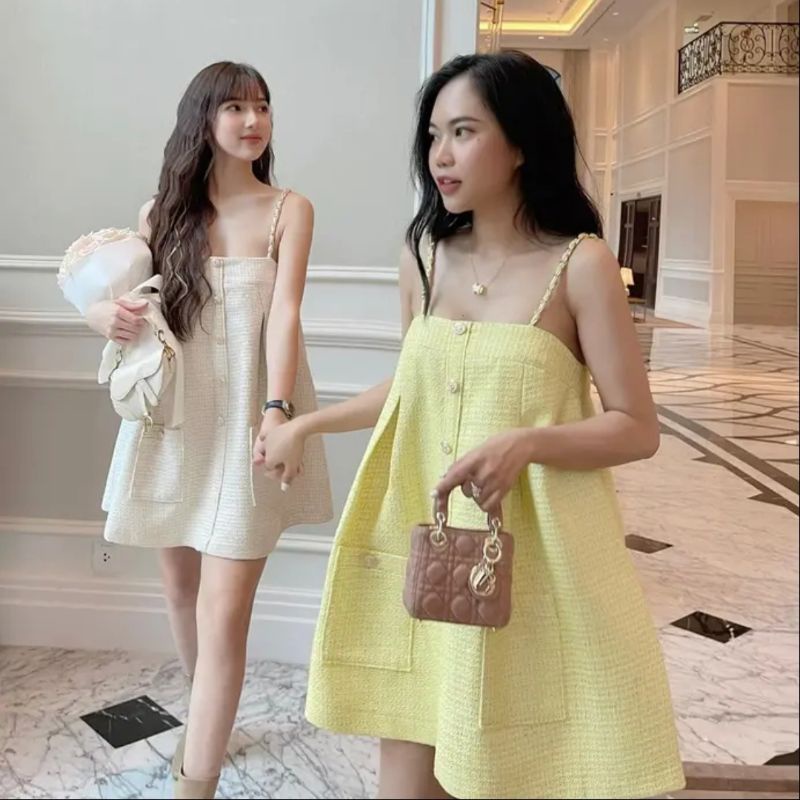 Váy Dạ Tweed 2 Dây Xích Dáng Suông Babydoll