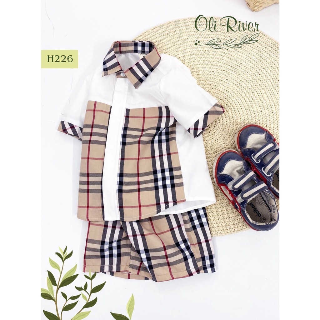 - Bộ bé trai OliRiver áo sơ mi ngắn tay phối quần đùi phối họa tiết kẻ Burberry chất liệu thô cho bé t