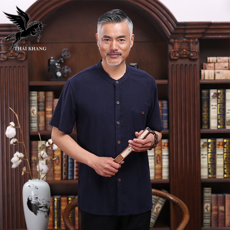 Áo sơ mi đũi nam Thái Khang tay ngắn trung niên siêu mát loại áo sơ mi nam cho người lớn tuổi ADUI19