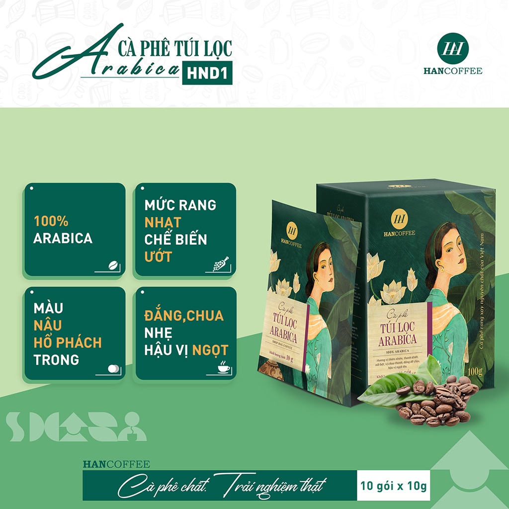 Cà phê phin giấy HANCOFFEE 100% Arabica nguyên chất vị chua nhẹ đắng êm, hậu vị ngọt dịu hộp 10 gói - HND1