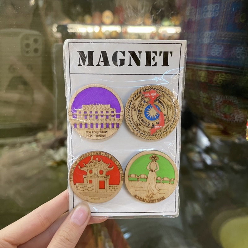 Magnet gỗ tròn dính tủ lạnh trang trí danh lam thắng cảnh Việt Nam
