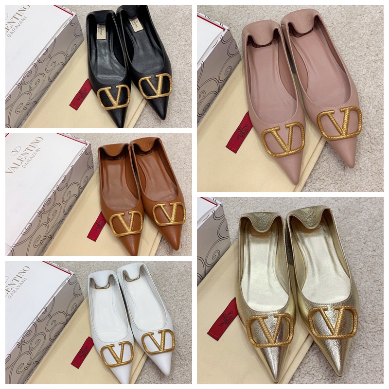 Valentino Giày Búp Bê Mũi Nhọn Đế Bằng Da Bò Phối Khóa Cài Chữ V Tùy Chọn Thoải Mái Thời Trang Pháp