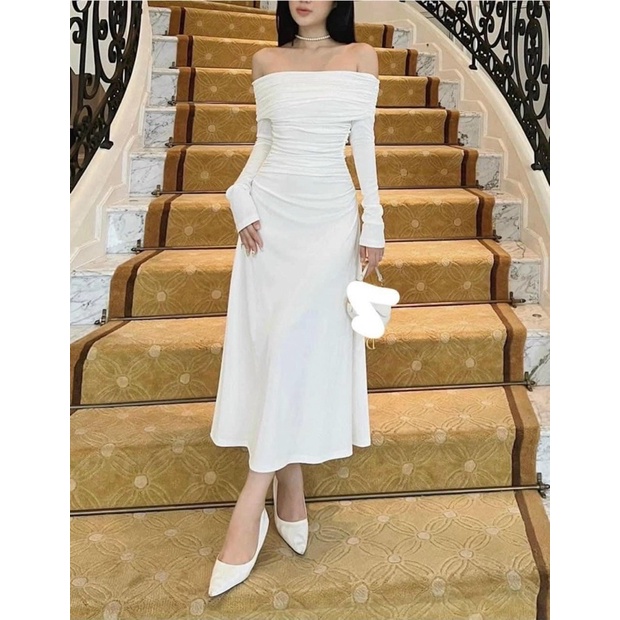 Đầm body trễ vai dài tay form dáng dài nhún eo thanh lịch