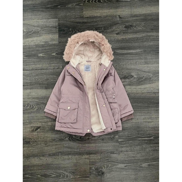Áo khoác parka hồng lót lông cho bé gái