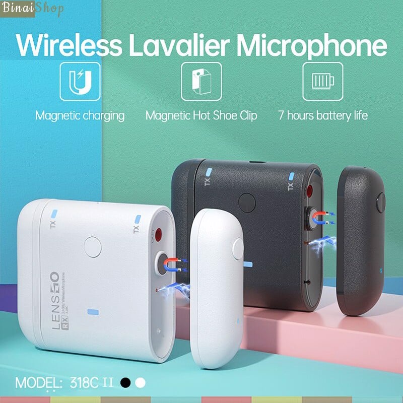 Lensgo 318C II - Micro Cài Áo Không Dây 2.4GHz, Trang Bị Eco, Tích Hợp Sạc RX, Cho Smartphone, Máy Ảnh Máy Quay, Phạm Vi