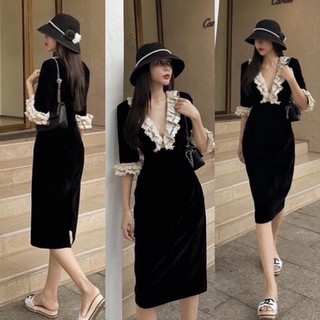 Váy nhung phối ren tay cổ V sang chảnh