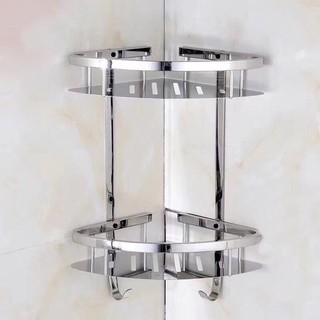 Giá góc hai tầng có móc cho phòng tắm inox sus 304 sáng bóng