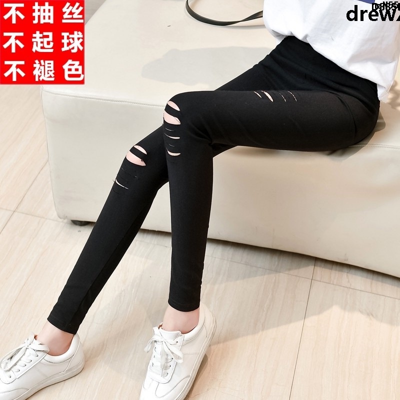 Quần Bút Chì Dài Tới Mắt Cá Chân Mỏng Màu Đen Phối Lưới Rách Kiểu Hàn Quốc Thời Trang Xuân Hè Cho Nữ