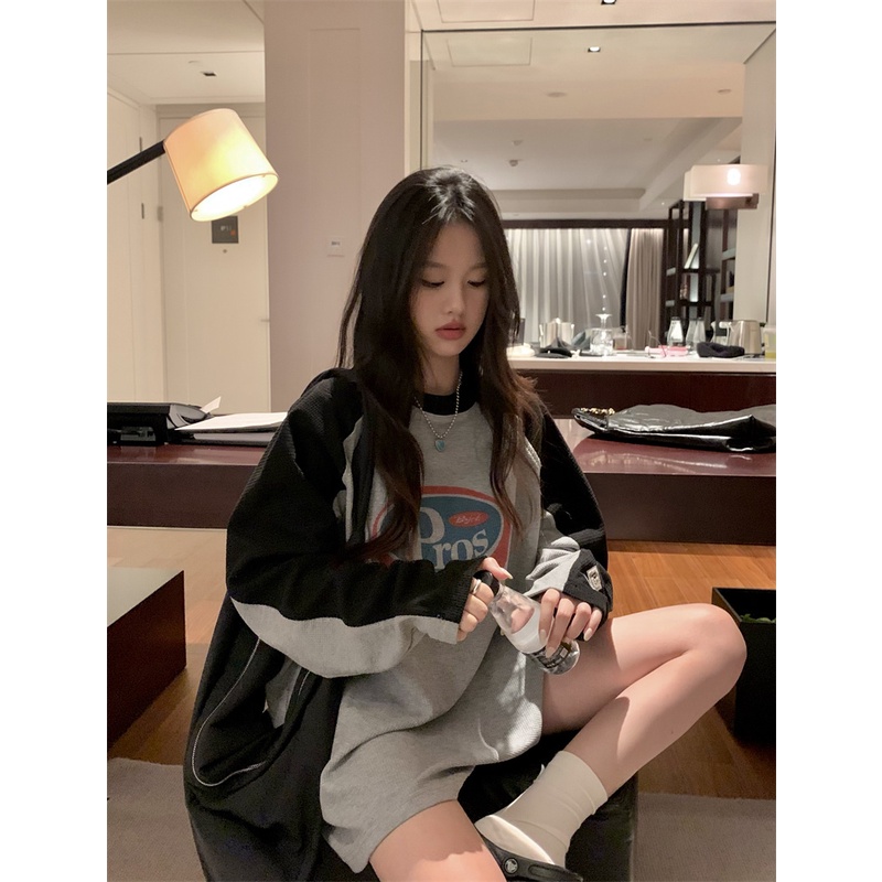 Áo Thun Dài Tay Dáng Rộng Phong Cách Retro Mỹ Cho Nữ