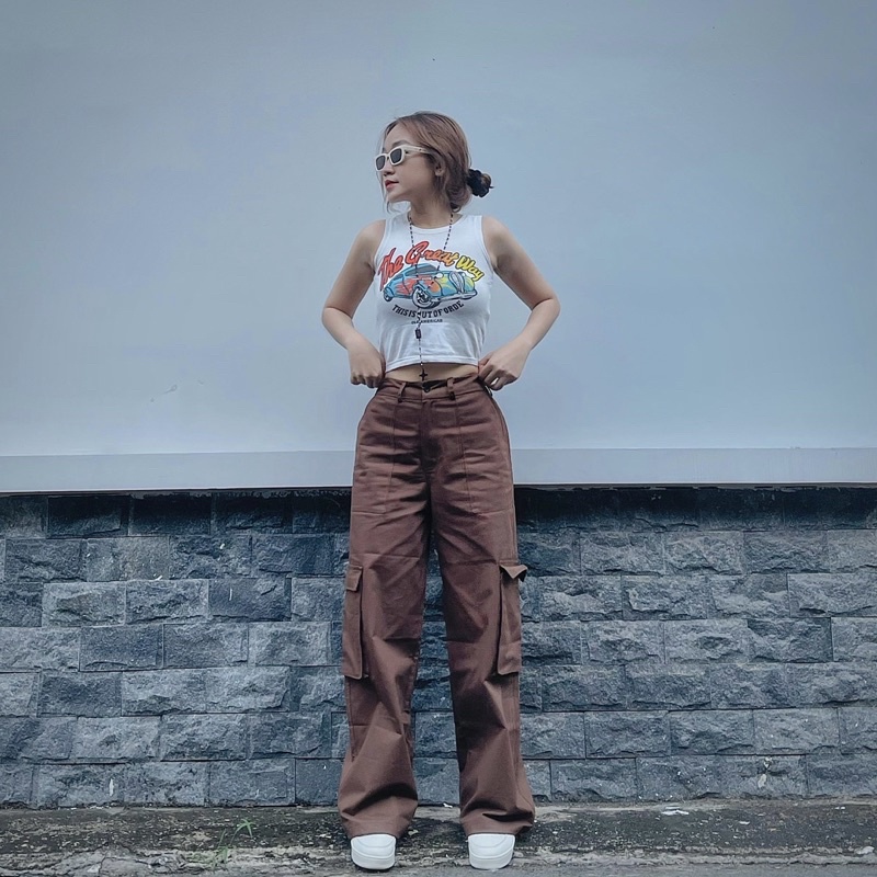 Quần Kaki Jean Ống Rộng Nâu đất Xám Xanh ống rộng lưng cao cực cá tính