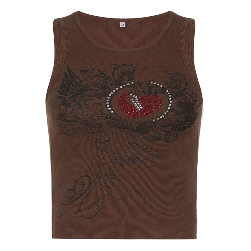 Brroa Áo Tank Top Không Tay In Hình Trái Tim Đính Đá Thời Trang Cho Nữ