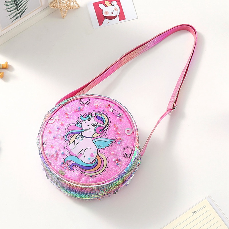Túi Xách Đeo Vai Hình Tròn Màu Cầu Vồng Họa Tiết Kỳ Lân Lấp Lánh Dễ Thương Cho Bé Gái