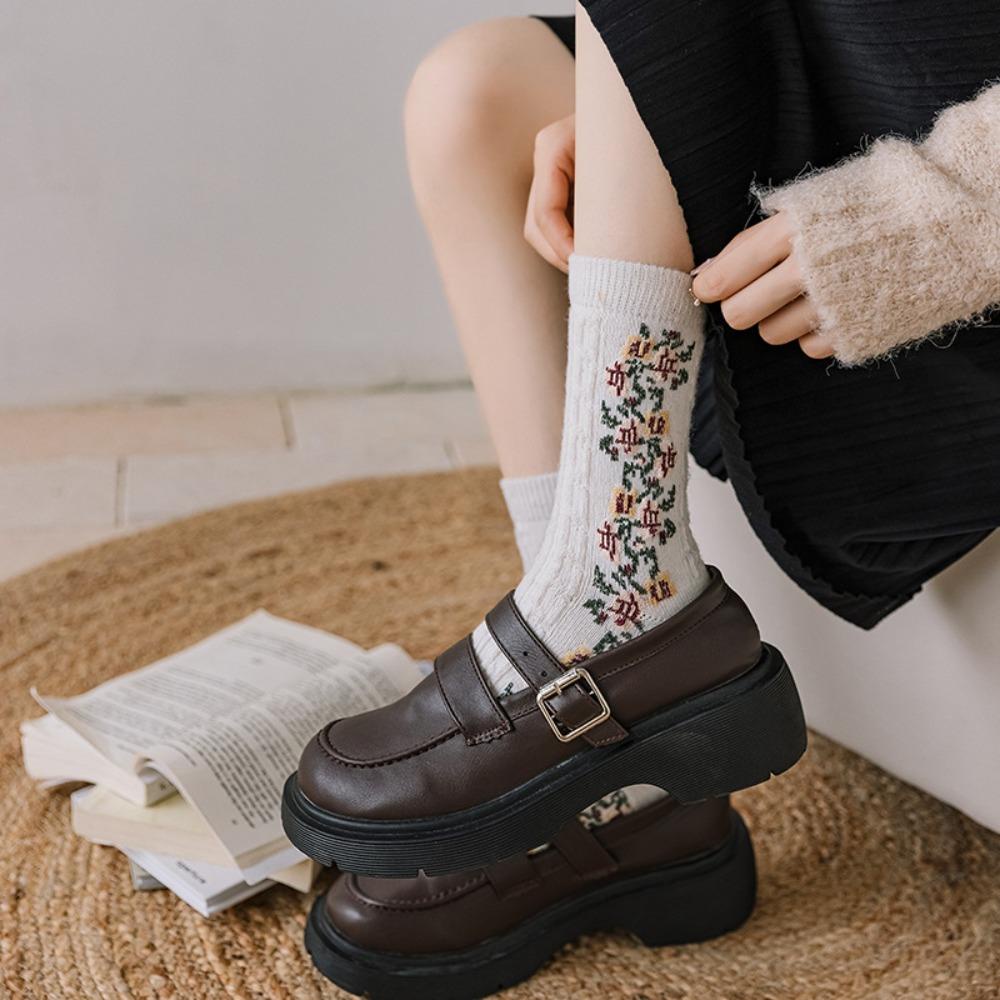 Vớ Len Dày Mềm Mại In Họa Tiết Hoa Phong Cách Harajuku Cổ Điển Thời Trang Mùa Đông Cho Nữ