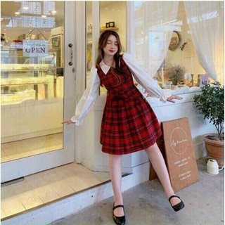 Đầm kate đỏ caro, tay phối siêu xinh, hàng y hình- Minhthushop