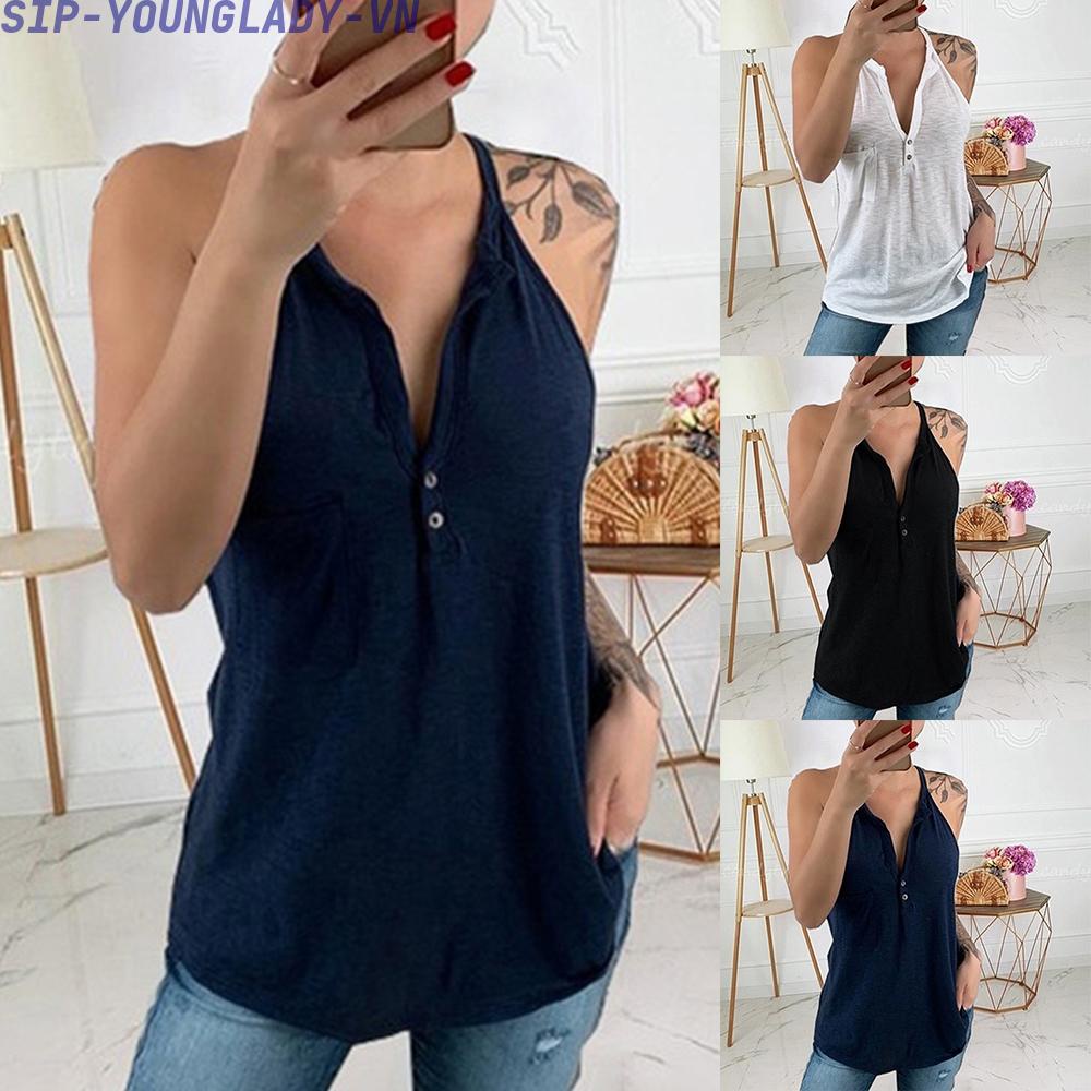 Áo Sát Nách Cổ Yếm Vải Cotton Pha Siêu Mỏng Thiết Kế Quyến Rũ Cho Nữ