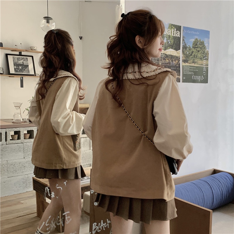 Áo khoác gile nữ kiểu trơn màu túi thêu hoa vintage, gile nữ phối sơ mi form rộng cổ thêu viền hoa 3277