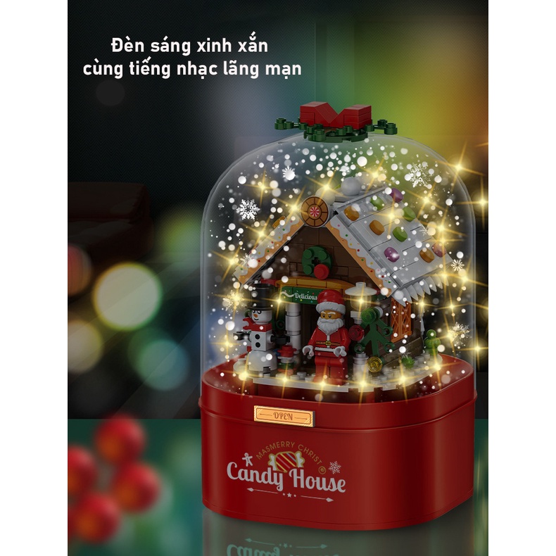 Hộp Phát Nhạc ghép hình Giáng Sinh PHUN TUYẾT RƠI + ĐÈN + NHẠC xoay tròn, Mô Hình Quà Tặng Ông Già Noel, Người Tuyết