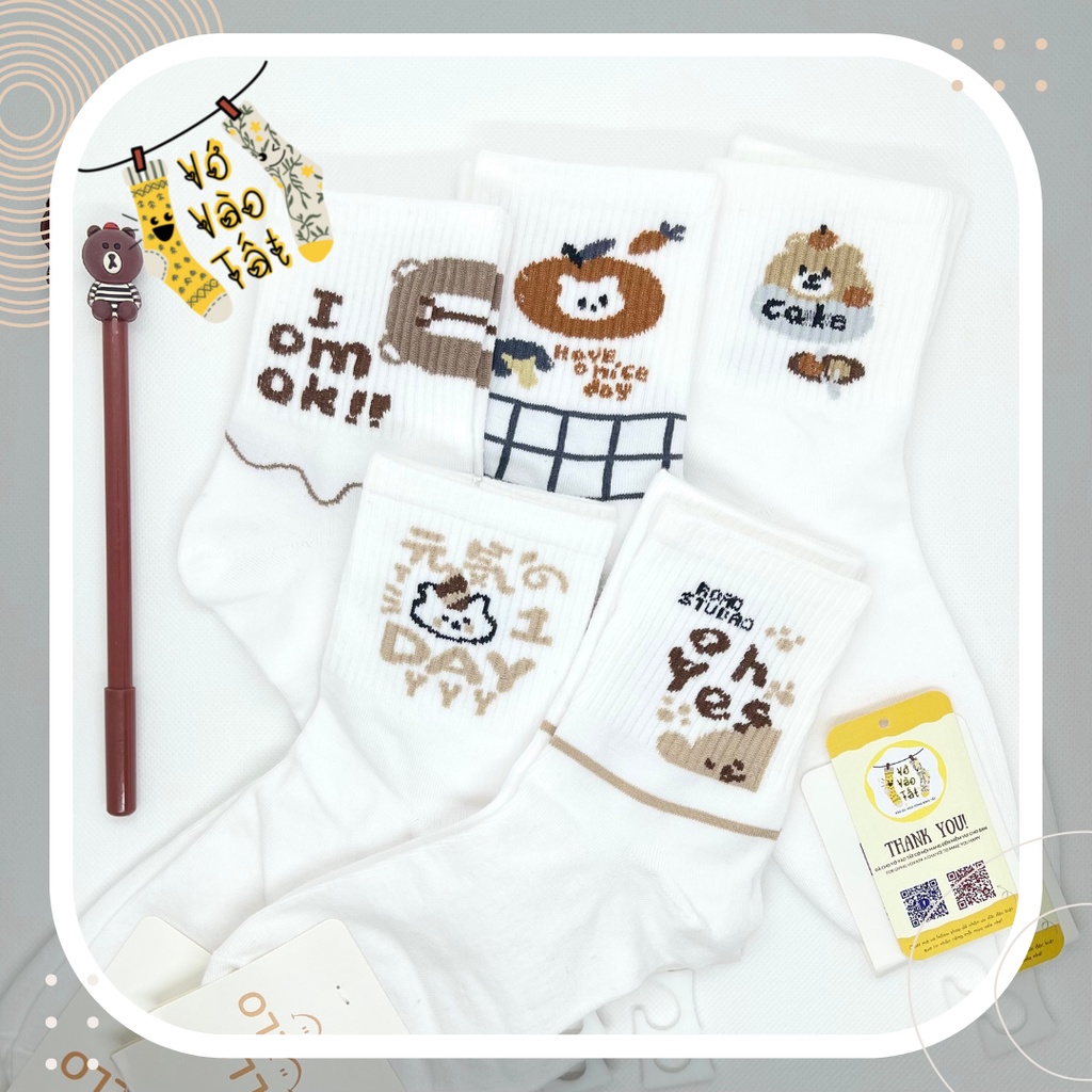 VỚ TẤT CỔ CAO TRUNG TRẮNG HÌNH KÈM CHỮ HOẠT HÌNH NGỘ NGHĨNH