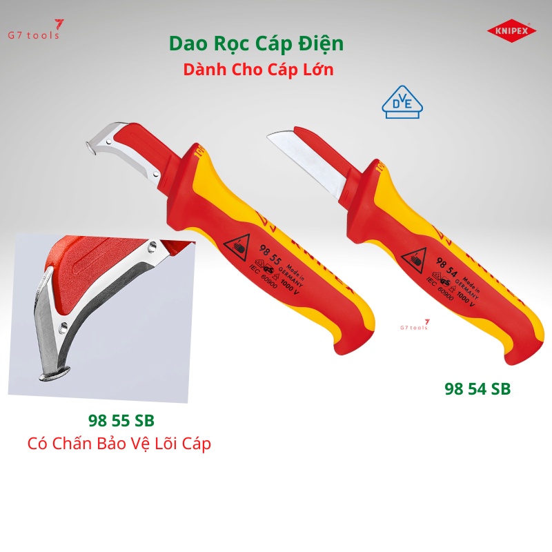 Dao Tách Cáp Điện Đầu Có Chấn Knipex 98 55 SB Và Knipex Dao Rọc Cáp Điện 98 54 SB - G7 Tools Hà Nội